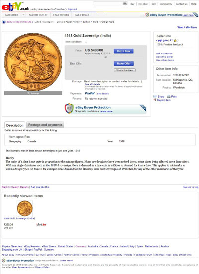 cyqb.geo 1918 Bombay India Mint Sovereign eBay Auction Listing